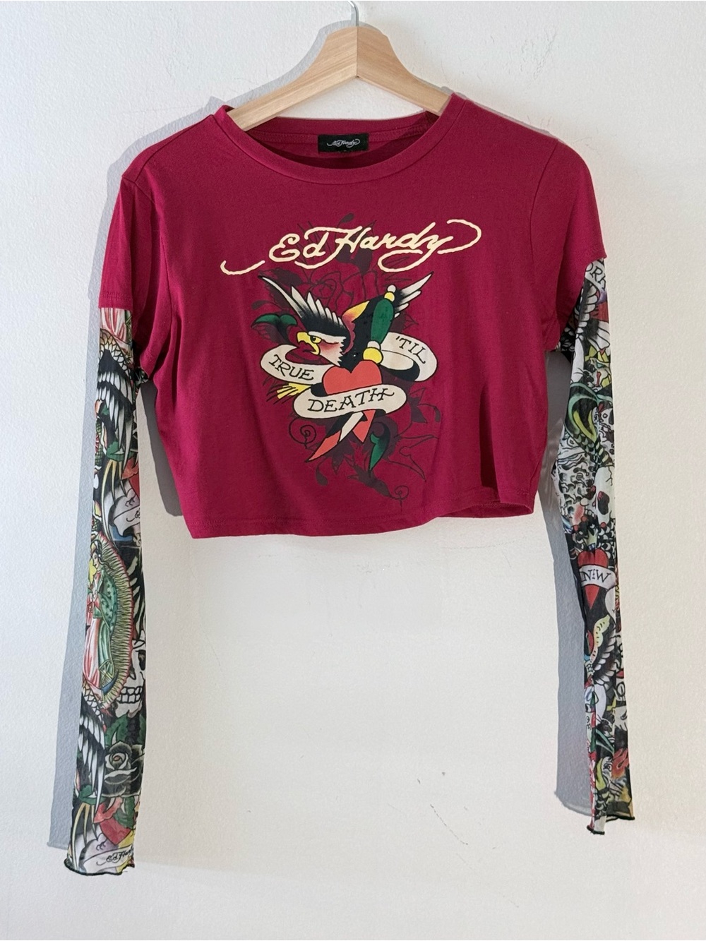 Ed Hardy Red Crop Top with Tattoo Print Sheer Sleeves Size L